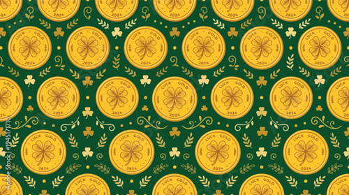 Seamless vector graphic pattern featuring shimmering gold coins and lucky green shamrocks, perfect for festive St. Patrick's Day celebrations or backgrounds