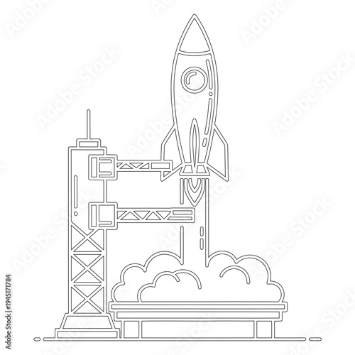Minimal line of rocket launching from pad with clouds and gantry space