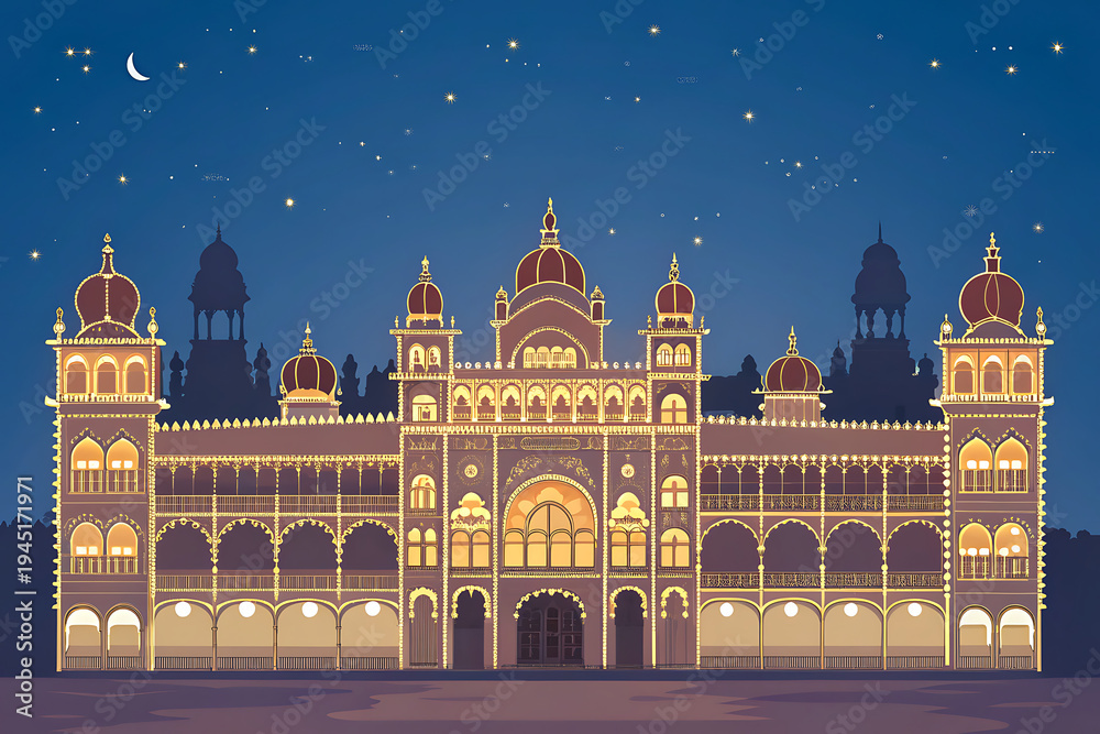 Fototapeta premium Flat vector illustration of Mysore Palace at night, glowing lights, decorative architectural details