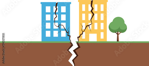 Earthquake ground crack splitting city buildings with seismic fault line disaster risk concept flat vector illustration