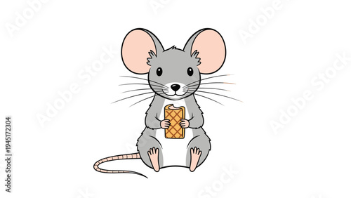 Adorable grey mouse sitting and eating a small piece of waffle or cracker isolated on a plain white background illustration.