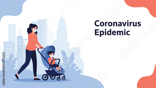 Mother wearing a medical mask pushing her baby in a stroller through a city park during the coronavirus epidemic period.