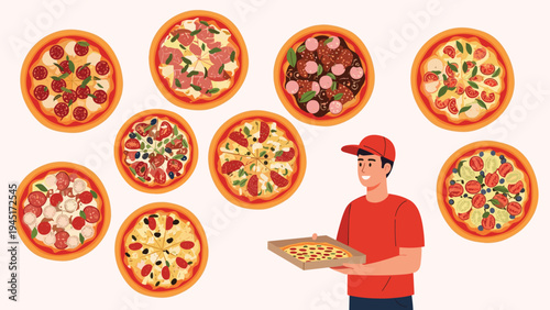 Friendly delivery man in a red uniform holding an open box of pizza surrounded by different types of tasty pizza varieties.