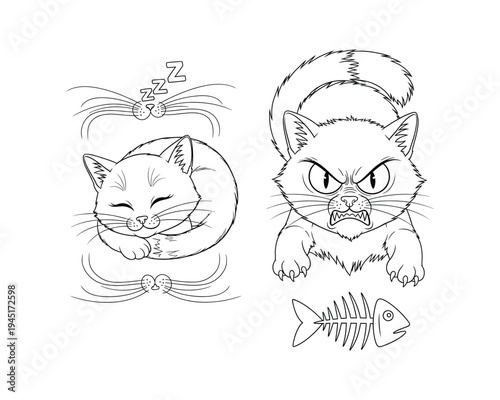 A black and white line art illustration of a sleeping cat and an angry cat with a fish bone.