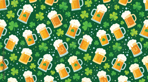 Seamless pattern with frothy beer mugs and lucky shamrocks on a vibrant green background, perfect for Irish-inspired celebrations and festive designs