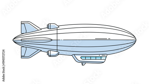 Futuristic or classic dirigible airship blimp vehicle with propellers and windows isolated on a plain white background.
