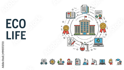 Eco life concept for school and education with a central school building surrounded by ecological and academic icons set.