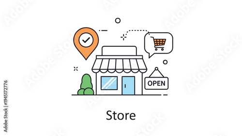 Local retail store shop building illustration with an open sign, location pin, and shopping cart icons for online commerce.
