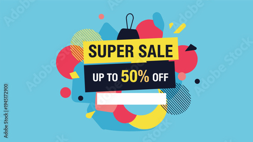Colorful super sale promotional banner offering up to fifty percent discount with abstract shapes on bright blue background.