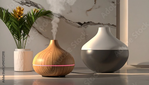 Two aromatherapy diffusers, one wood-grain, steaming, next to potted plant