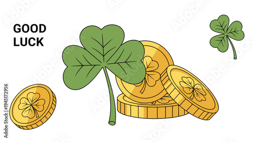 Golden coins with clover symbols and green three-leaf shamrocks are displayed as traditional icons for luck and St Patricks Day.