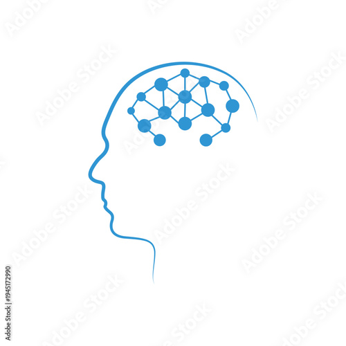 Abstract blue neural network structure inside a human head silhouette representing cognition and artificial intelligence