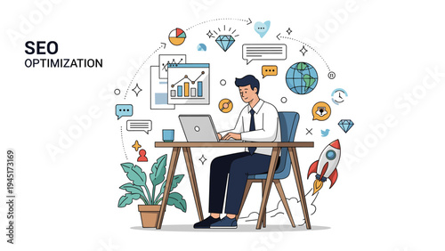 Businessman works on a laptop at a desk surrounded by various icons representing SEO optimization and digital marketing strategies.