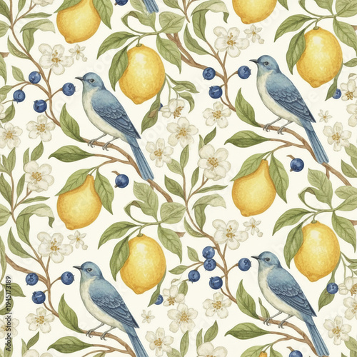 Seamless Pattern of Blue Birds with Lemons and Blossoms