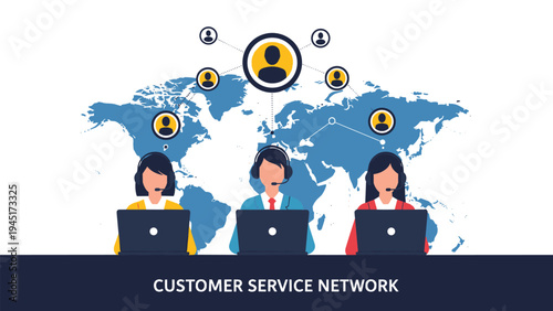 Customer service network infographic displays a team of operators with headsets working on laptops against a global world map background.