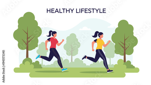 Two women dressed in athletic wear enjoy a morning jog through a green park setting as part of a healthy lifestyle and fitness routine.