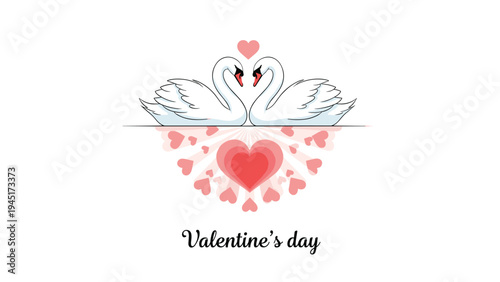 Two white swans face each other on a calm surface to form a heart shape in a romantic Valentine's Day greeting card illustration.