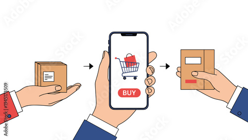 Hands pass a parcel between a mobile phone screen to illustrate the seamless process of online shopping and home delivery services.
