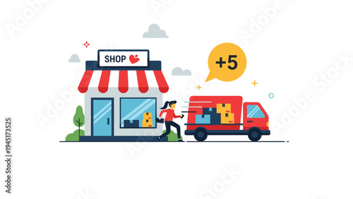 Delivery woman runs from a small shop toward a red delivery truck loaded with cardboard boxes for quick customer order fulfillment.