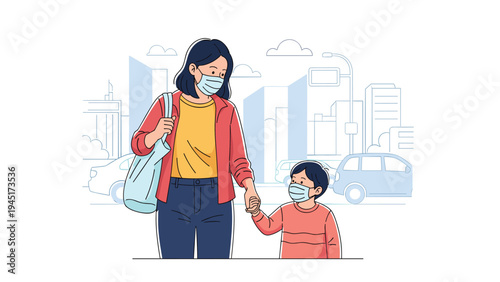 Mother holds her young child's hand while walking together through a busy city street while wearing protective medical face masks.