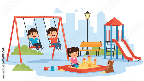 Group of happy children play together on a sunny outdoor playground featuring swings, a slide, a sandbox, and city park scenery.