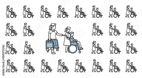 Illustration of people with disabilities and their caregivers in various scenes.