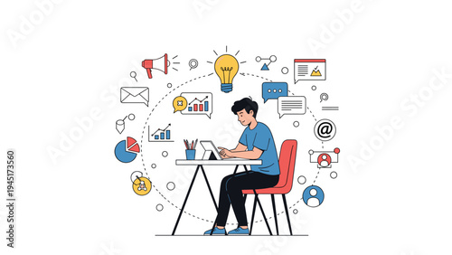 Young man works diligently on his laptop at a desk surrounded by a variety of icons representing digital marketing and social media.