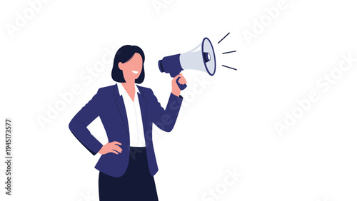 Confident businesswoman in a professional suit holds a megaphone to shout an important message or announcement against a white background.