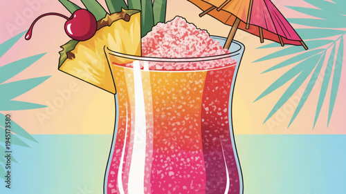 Vibrant tropical cocktail with umbrella pineapple and cherry on a colorful beach background