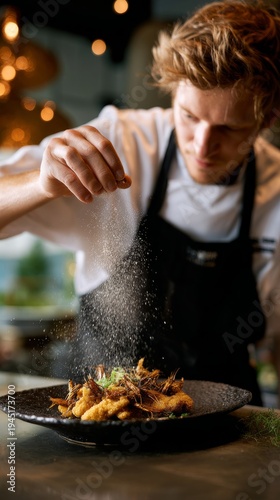 Chef seasoning gourmet fried insects dish in restaurant