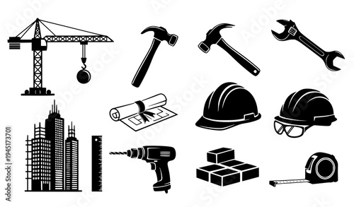 Stylized Architecture Construction Engineering Building Tools Icon Set