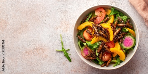 Fried bugs topping colorful garden mix in ceramic plate