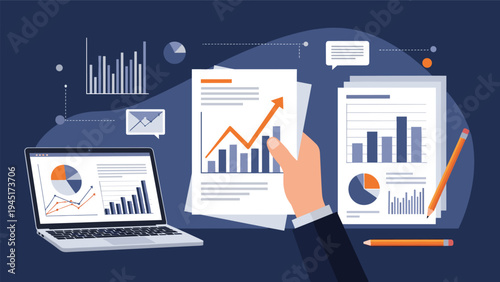 Financial data analyst reviews printed reports and laptop charts to evaluate business performance and market trends in a dark blue setting.