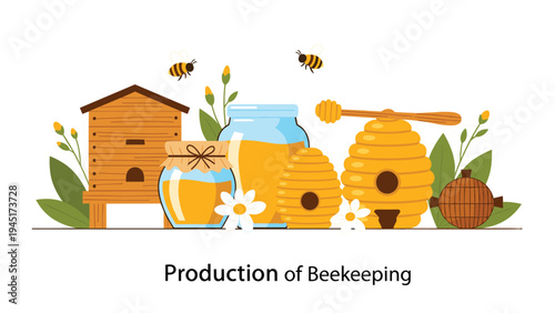 Illustration showing honey production with beehives, jars of honey, flying bees, and flowers on a white background with descriptive text.