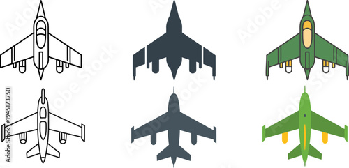 Set of Fighter Jet Military Aircraft Top View Icon 