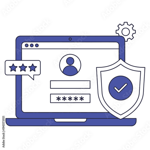 Online reputation protection system with rating interface shield and computer representing trust verification and brand protection concept modern flat vector illustration
