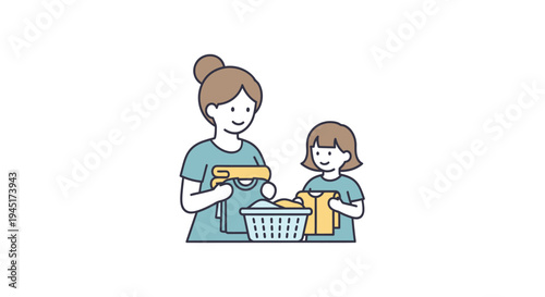 Mother and child doing laundry together.