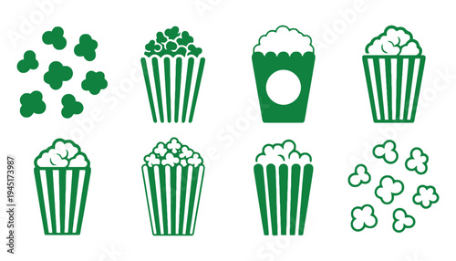 A green popcorn icon set with shamrocks on a white background