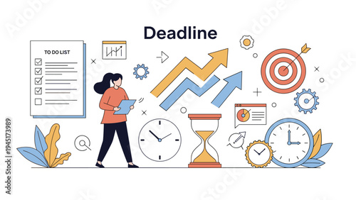 Business deadline concept showing a woman with a list of tasks surrounded by clocks and growth charts.