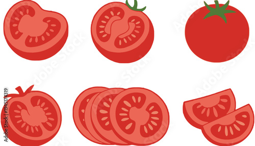 Tomato vector icons and illustrations in various forms and slices