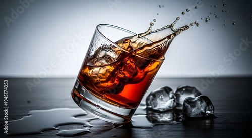 Glass of dark liquor dangerously tips over on a dark surface causing a dramatic liquid splash with ice cubes nearby.