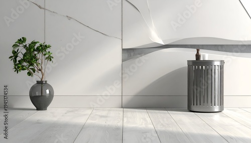 A minimalist interior shows a plant, a metallic trash bin, and a wall with marble and shadows