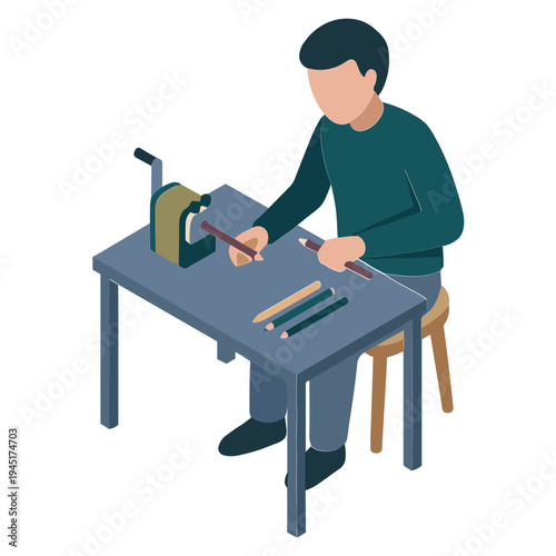 A man is sharpening a pencil on a machine at a table indoors.