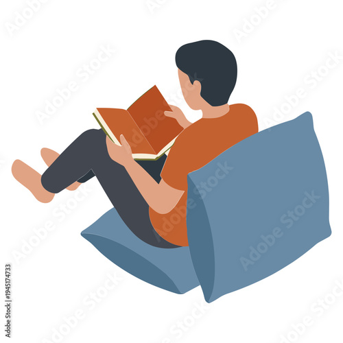 Person reading book sitting on blue beanbag chair indoors