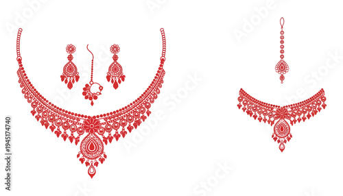 A necklace and earrings set in red color with intricate design