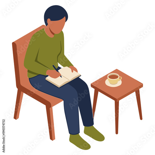 A man sits on a chair writing in a notebook next to a table with a cup