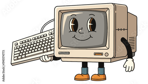 A smiling computer monitor character holding a keyboard with a happy face