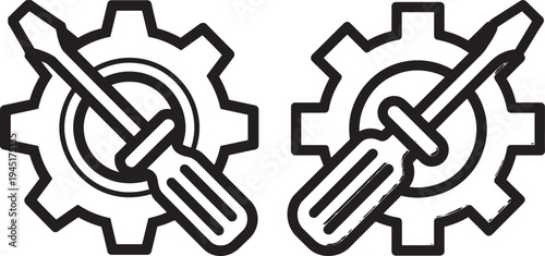 Gear and screwdriver icons vector - tools and repair symbols with black and white
