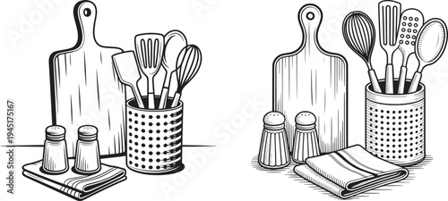Line art drawings of kitchen utensils, cutting boards, and salt and pepper shakers, ideal for cooking and culinary themes