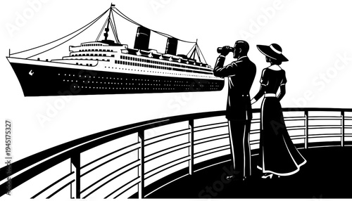 Ship silhouette vector illustration of a couple on a deck